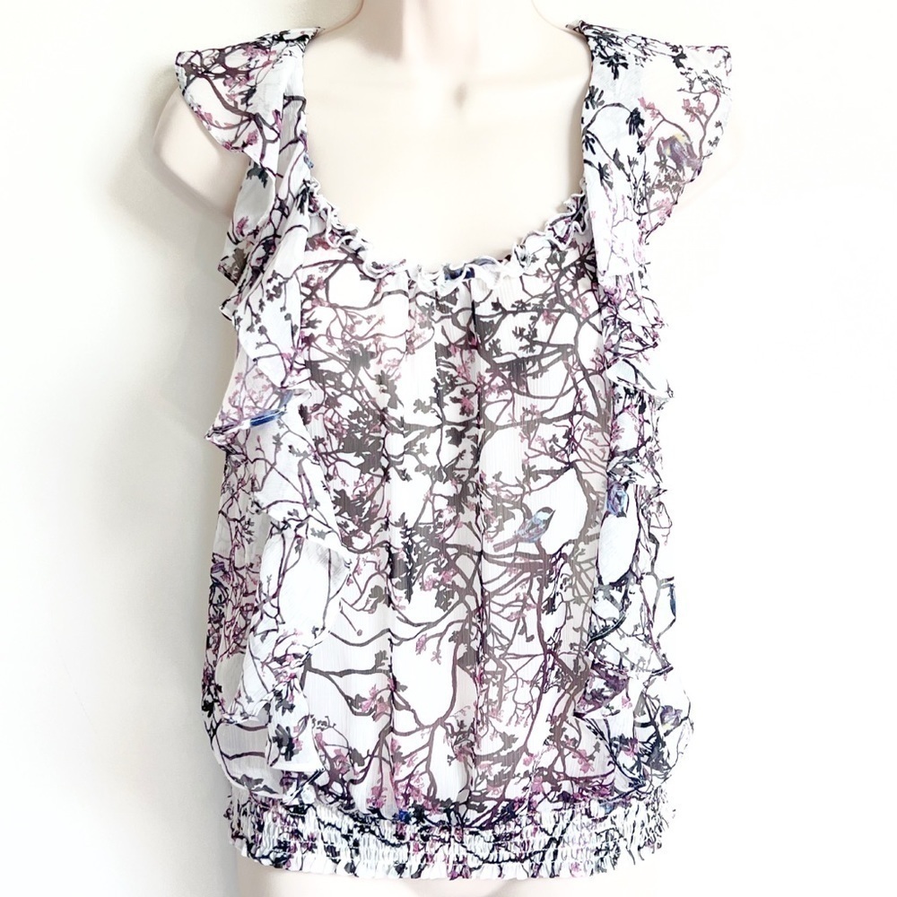🆕 Express floral semi sheer flutter sleeveless scoop neck blouse top sma…